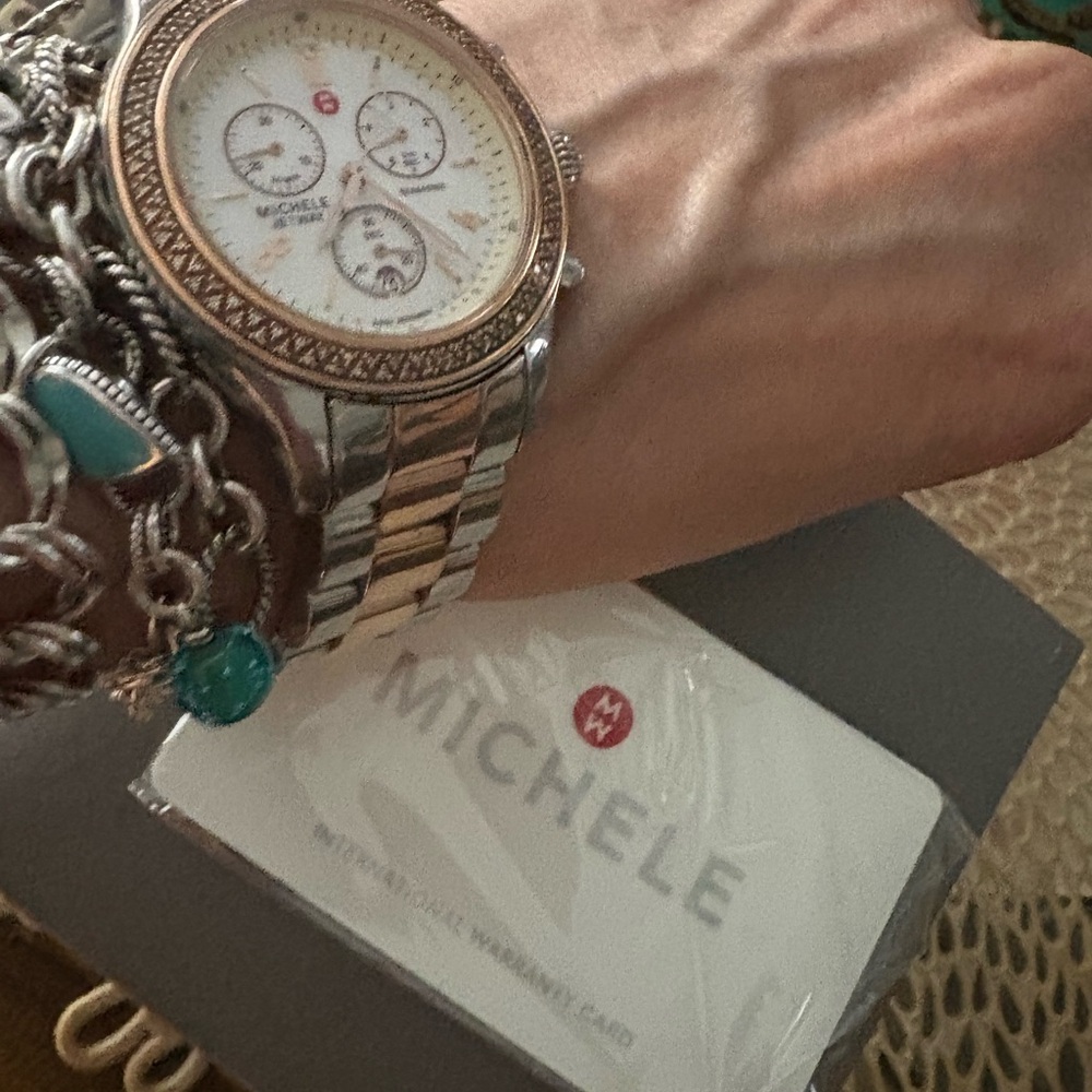 Michele diamonds Rose Gold tone and Stainless Watch w cert card 6.5-7" wrist .